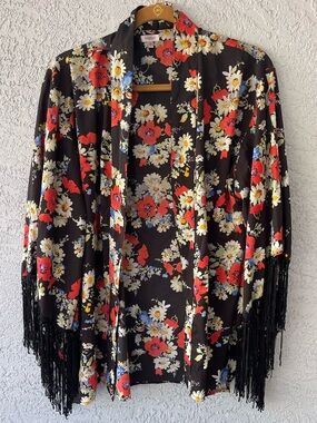 Marisol Floral Fringe Kimono Black Daisy Print Boho Open Lightweight Jacket L